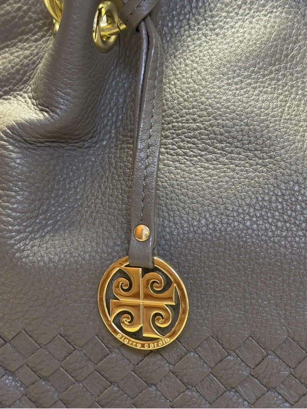Pierre Cardin Pebbled Leather Satchel Bag Deep Taupe Gold Hardware - Top Handle